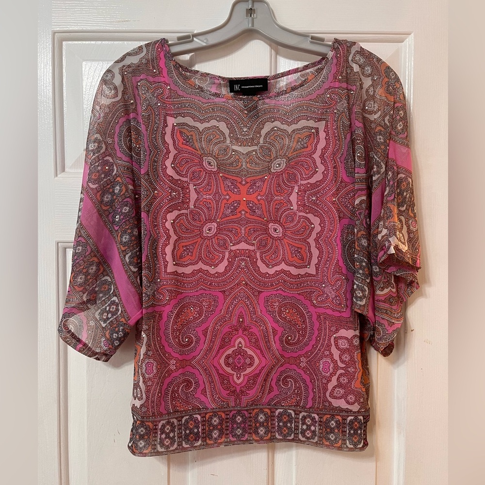 INC International Concepts Pink and Brown Paisley Blouse